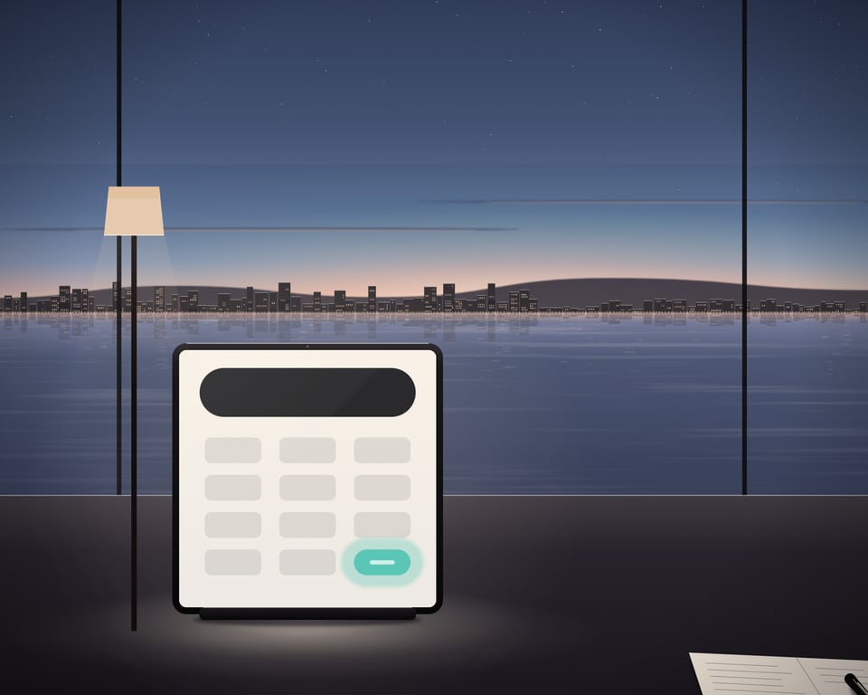 Illustration: a area planning scene on a desk by the bay at dusk