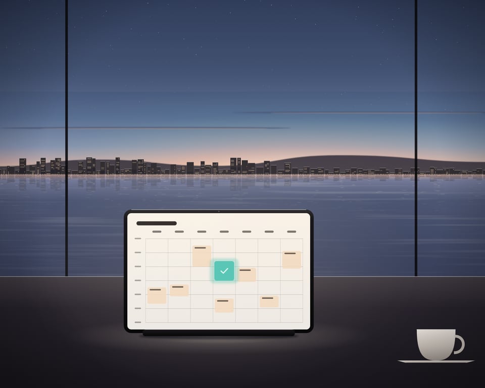 Illustration: a calendar planning scene on a desk by the bay at dusk
