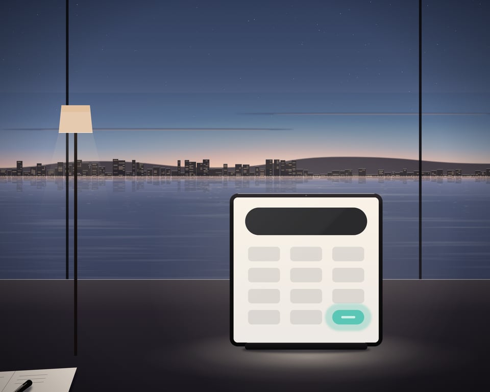 Illustration: a currency planning scene on a desk by the bay at dusk