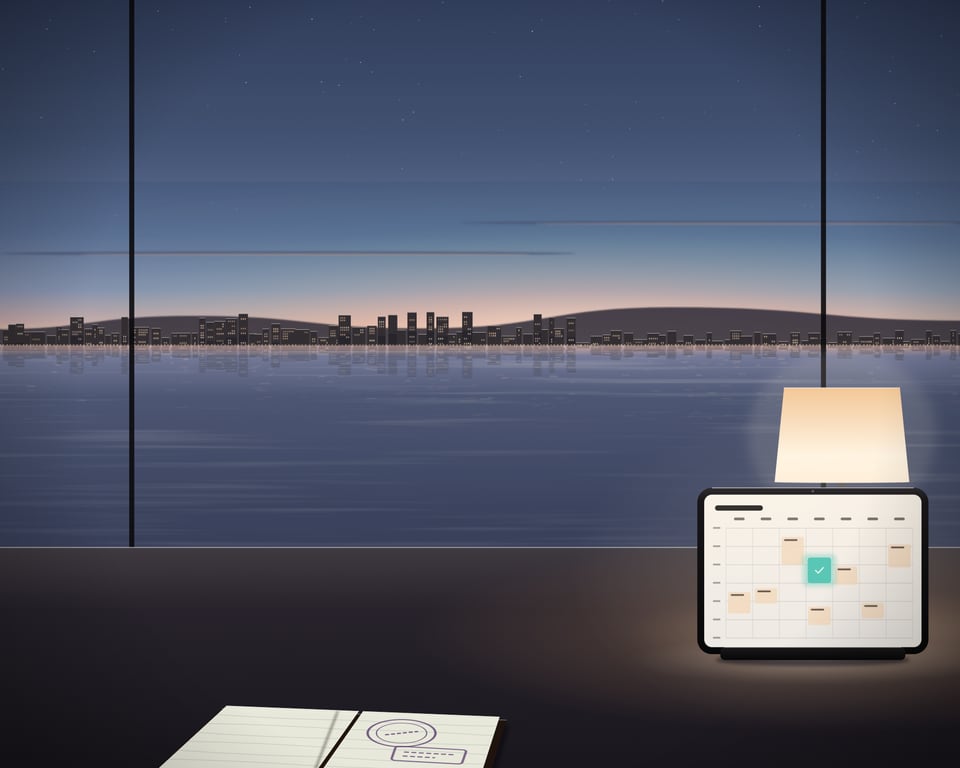 Illustration: a dates guide planning scene on a desk by the bay at dusk