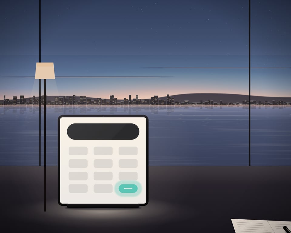 Illustration: a fare planning scene on a desk by the bay at dusk