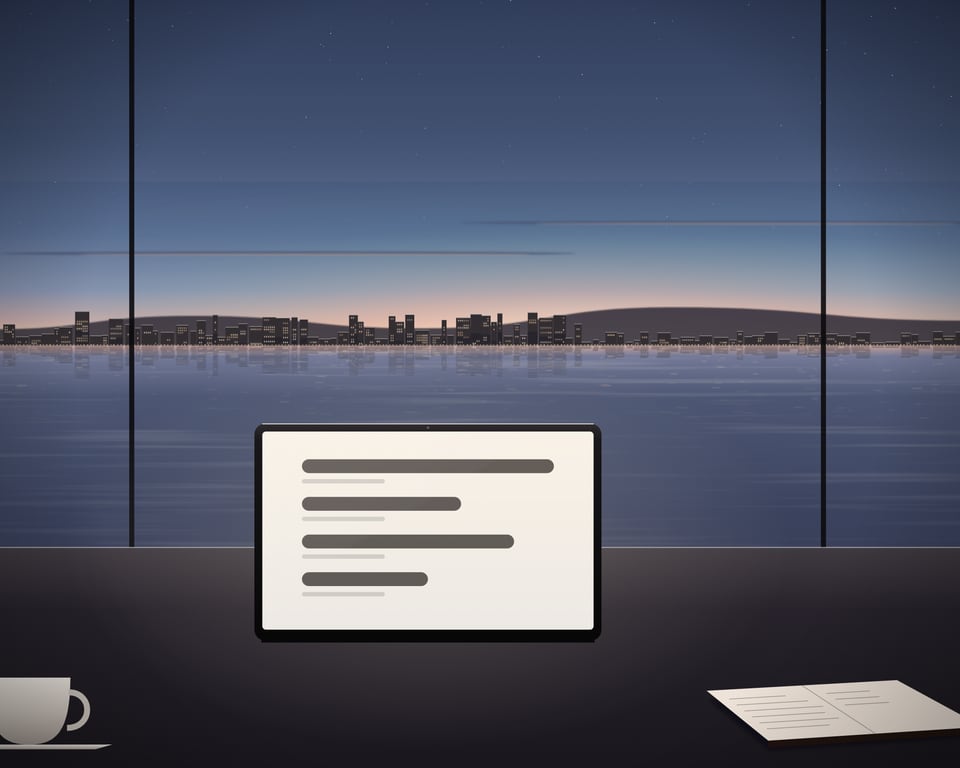 Illustration: a glossary planning scene on a desk by the bay at dusk