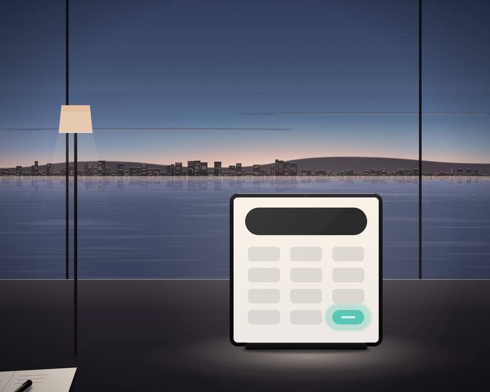 Illustration: a calculator and travel notebook on a desk by the bay at dusk