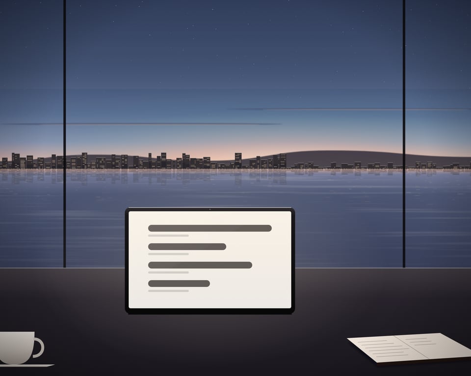 Illustration: a housing guide planning scene on a desk by the bay at dusk