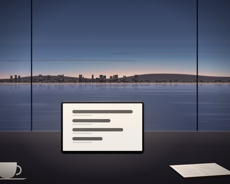 Illustration: a methodology planning scene on a desk by the bay at dusk