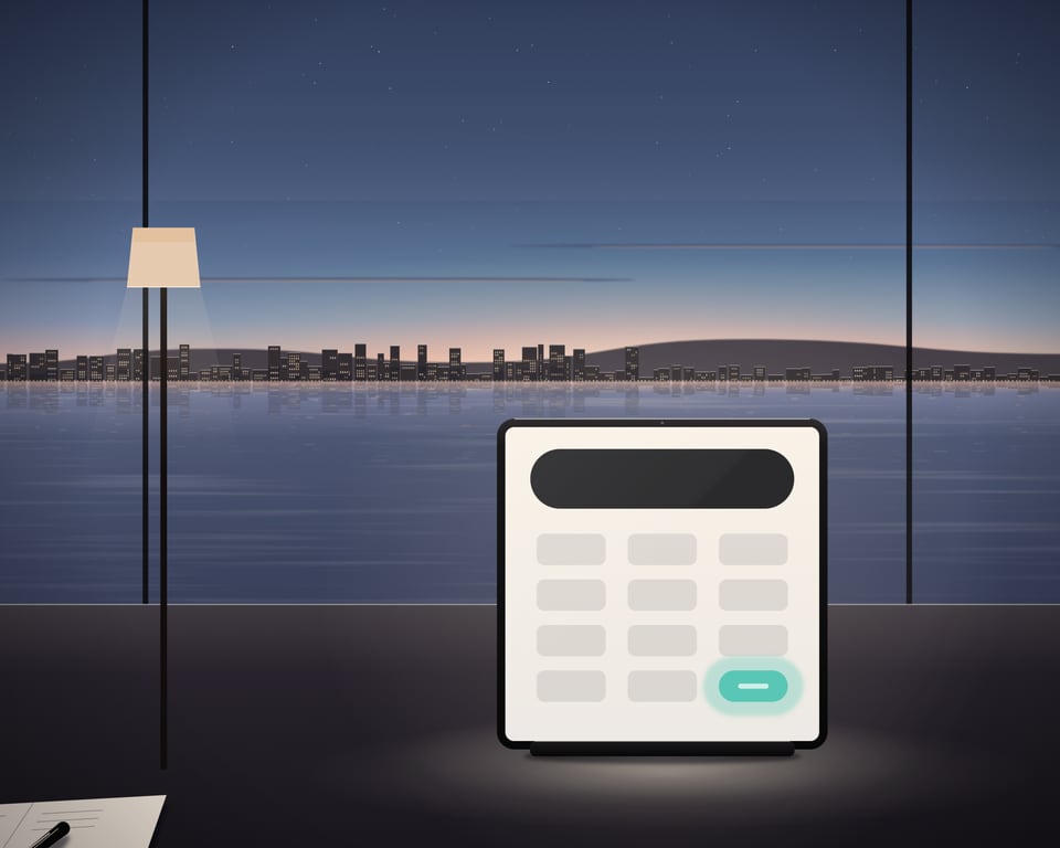 Illustration: an abstract exchange comparison on a tablet beside a lamp