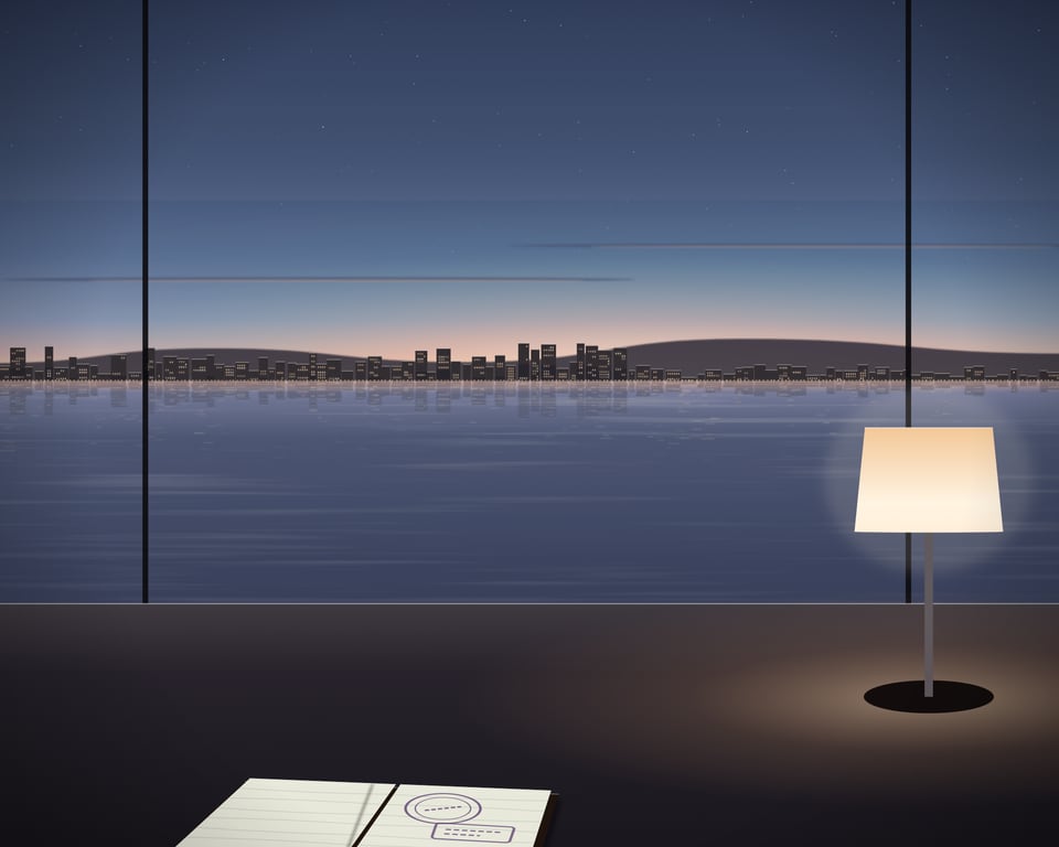 Illustration: a passport planning scene on a desk by the bay at dusk