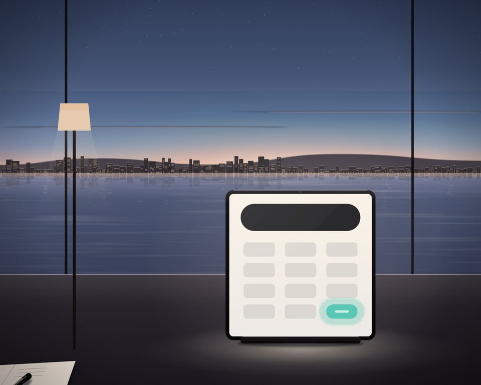 Illustration: a power planning scene on a desk by the bay at dusk