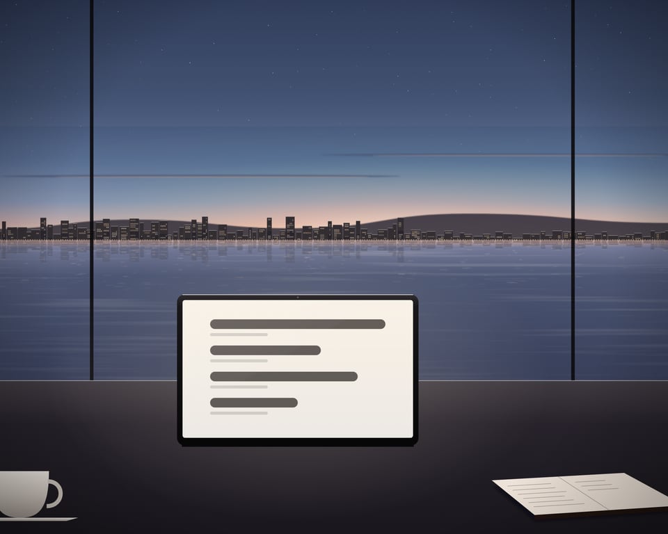 Illustration: a privacy planning scene on a desk by the bay at dusk