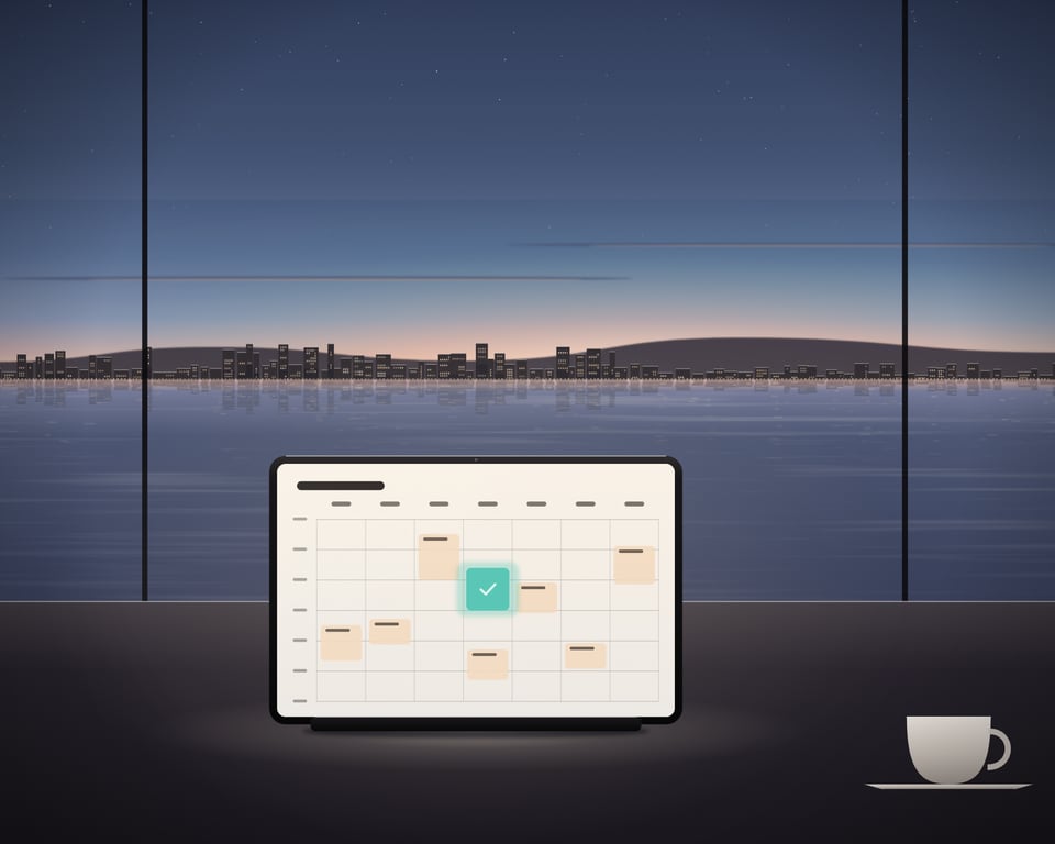 Illustration: a trip guide planning scene on a desk by the bay at dusk